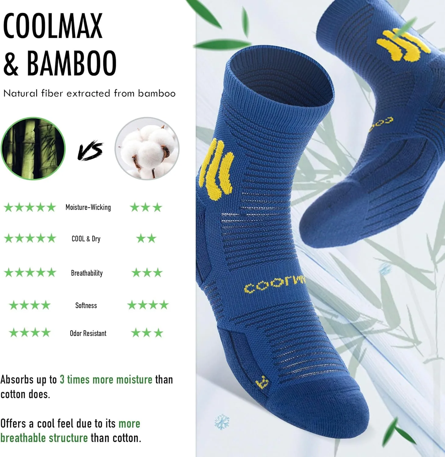 BRISIRA Coolmax Bamboo Viscose Compression Running Socks Quarter Crew Athletic Cushioned Breathable Anti Blister&Sweat&Odor