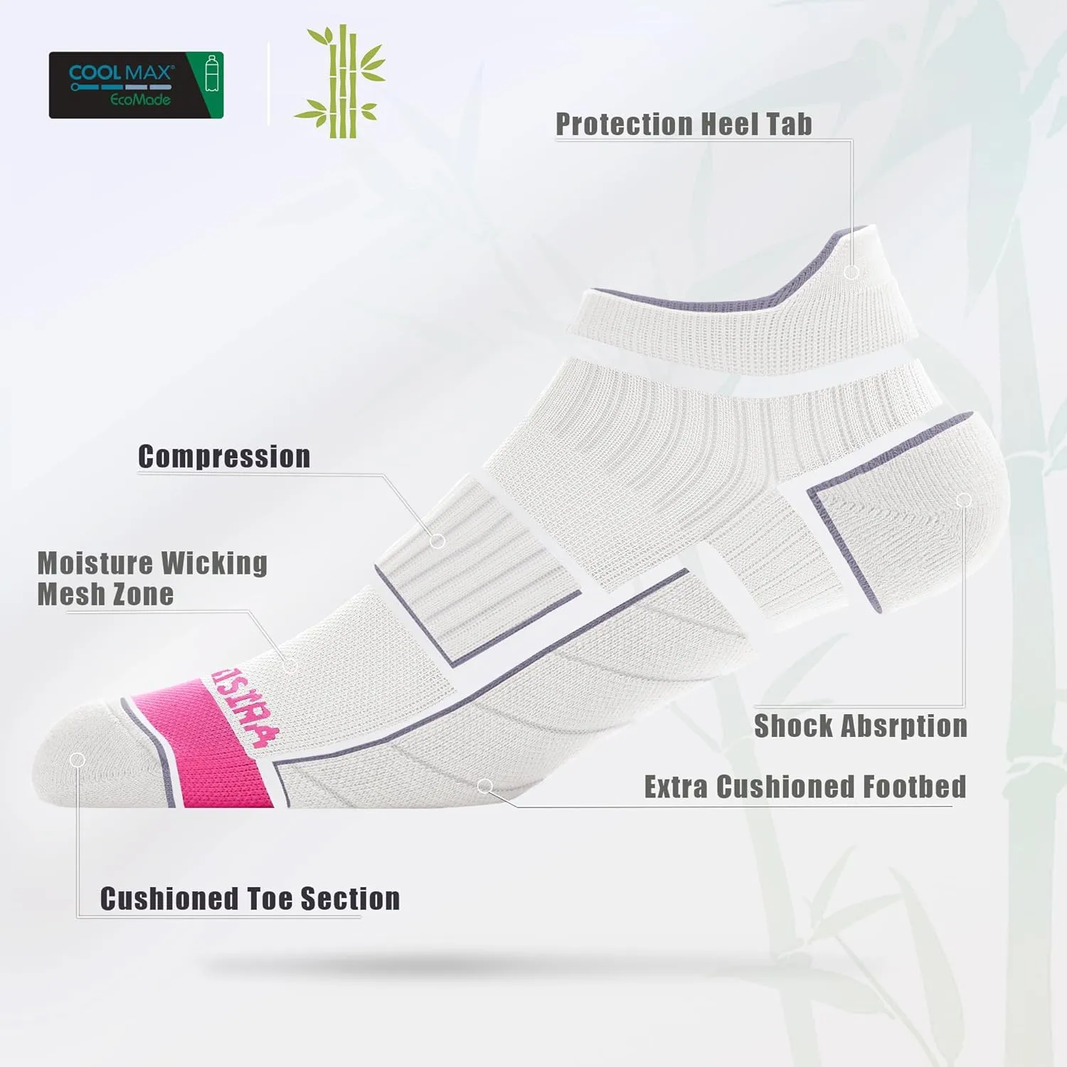 BRISIRA Coolmax Bamboo Viscose Women Compression Running Ankle Socks No Show Athletic Wicking Thick Cushioned Arch Support