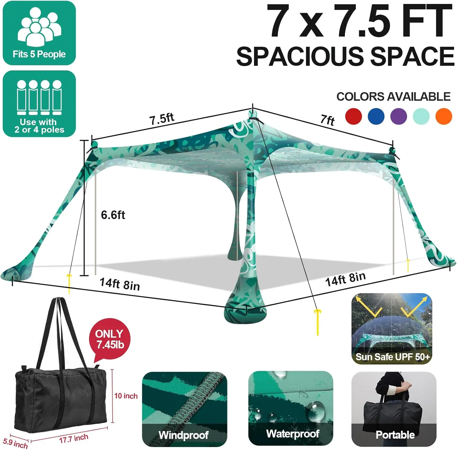 Buheco Beach Tent Pop Up Shade 7x7.5ft Beach Canopy Sun Shelter UPF50  with 4 Foldable Poles-Portable Carrying Bag-Sand Shovel-Ground Pegs-Windproof Ropes for Outdoor Family Camping-Fishing- Picnic