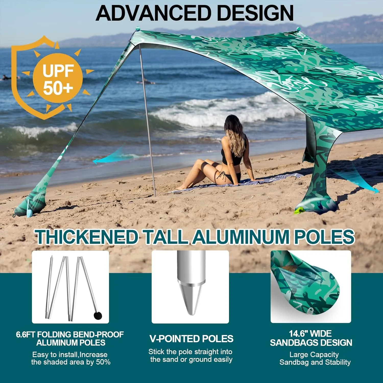 Buheco Beach Tent Pop Up Shade 7x7.5ft Beach Canopy Sun Shelter UPF50  with 4 Foldable Poles-Portable Carrying Bag-Sand Shovel-Ground Pegs-Windproof Ropes for Outdoor Family Camping-Fishing- Picnic