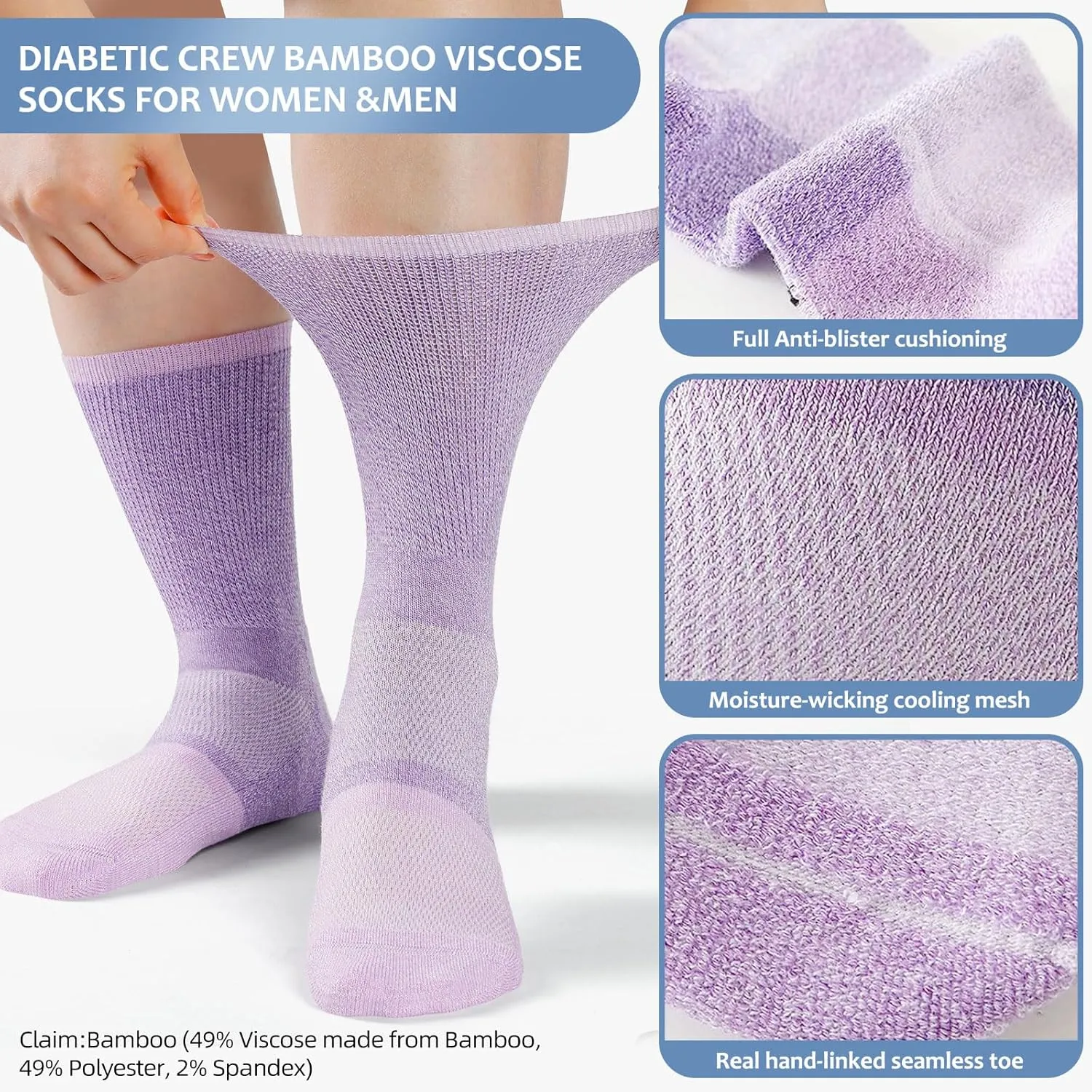 Bulinlulu Diabetic Socks for Men Women-6 Pairs Non Binding Crew Diabetic Neuropathy Socks with Seamless Toe for Size 6-9 9-12
