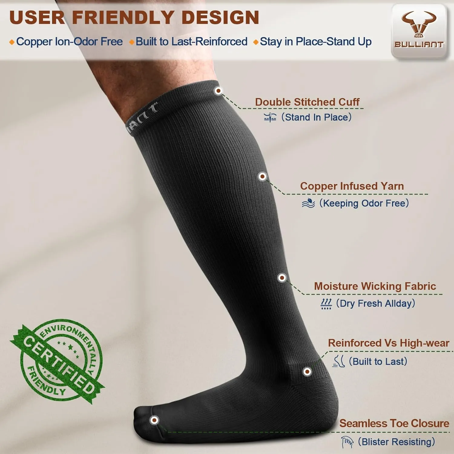 BULLIANT Compression Socks 3Pairs-15-20mmHg Circulation Support Men Women Hiking Sports Recovery-Upgraded Wicking Tech