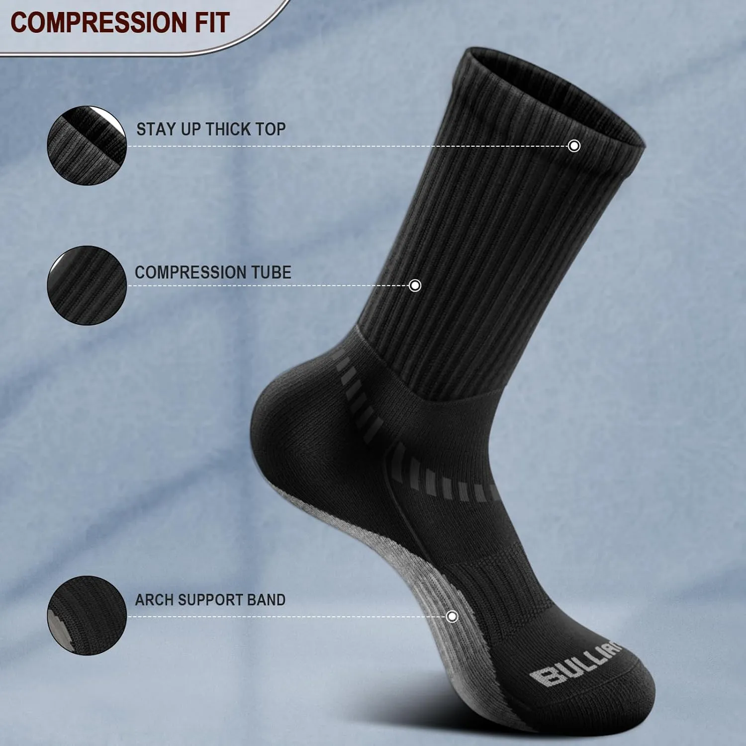 BULLIANT Men Athletic Socks, Compression Sports Crew Socks Cushioned For Men Outdoor Running Hiking-Arch Compression Support