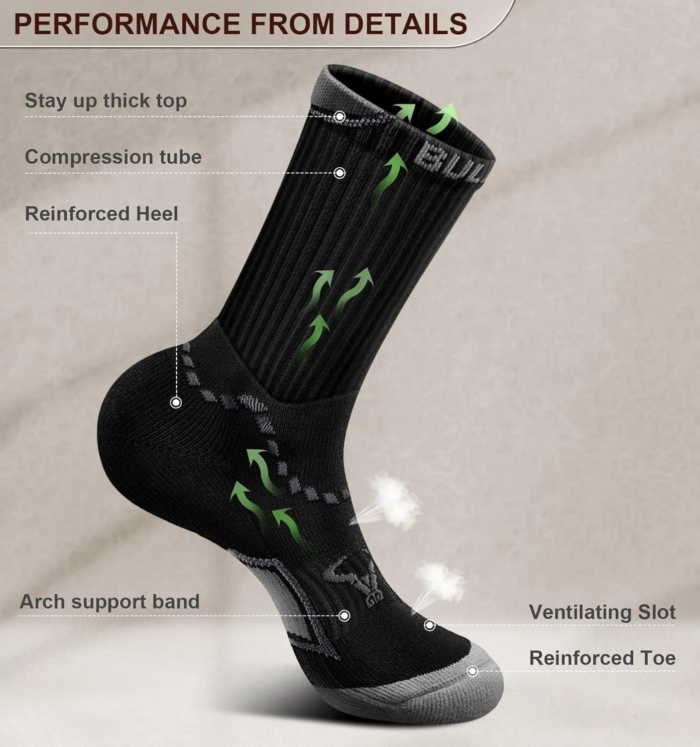 BULLIANT Men Running Socks, Athletic Crew Socks Compression Breathable for Men Sports Hiking Cushioned Footbed Arch Support