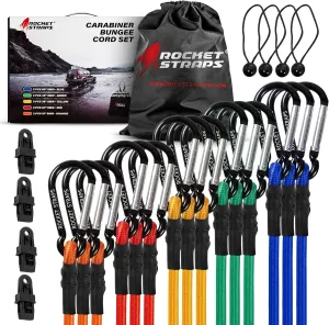 Bungee Cords | Premium Heavy Duty Outdoor Carabiner Bungee Cords with Hooks | Bungee Cord Assortment Includes | Tie Downs | Ball Bungees | (4) Tarp Clips | Bungie Cord Straps