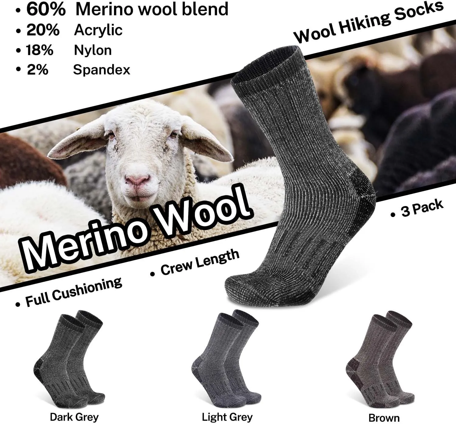 Busy Socks 3 Pack Crew Merino Wool Hiking Socks for Men Women Winter Thick Warm Thermal Cushioned Moisture Wicking Boot Sock