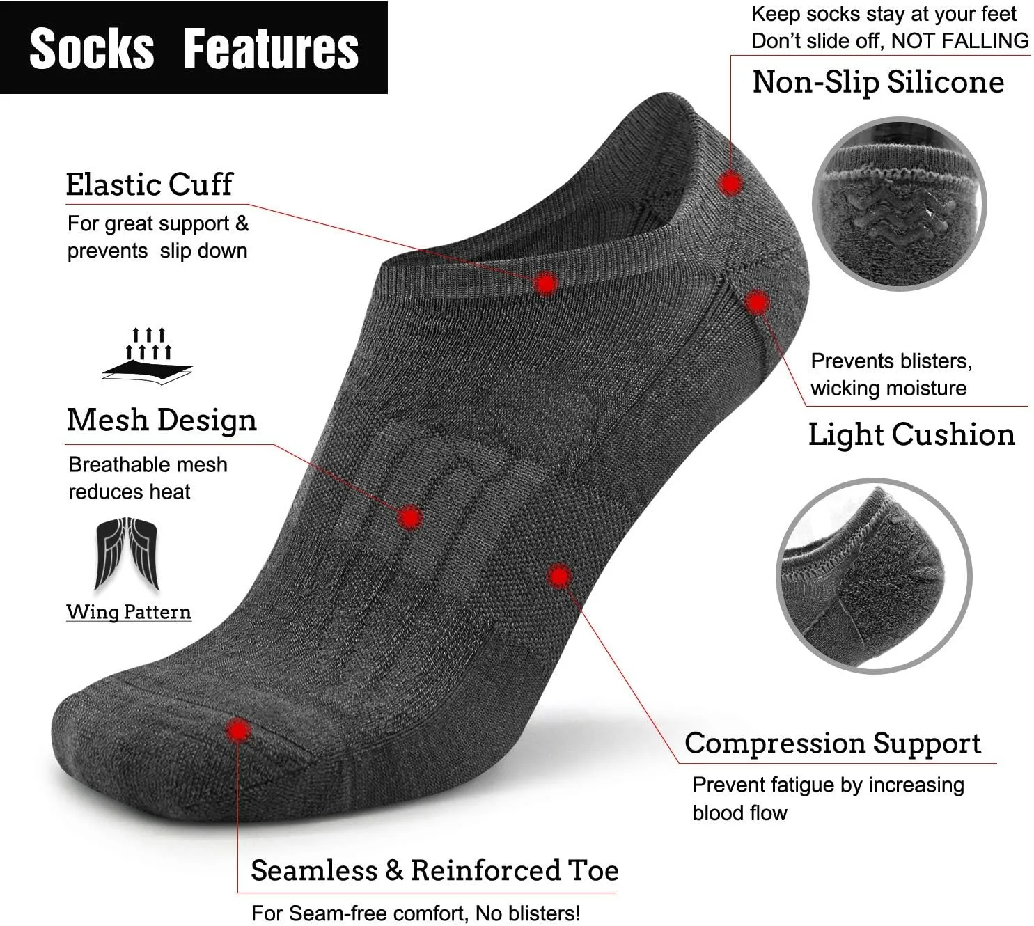 Busy Socks No Show Merino Wool Athletic Running Socks for Men Women,Low Cut Thin Soft Sport Wool Socks with Non-Slip Grips