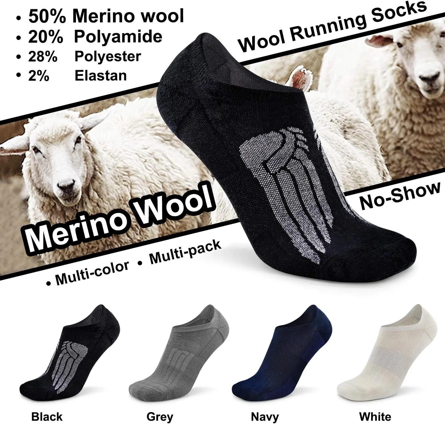Busy Socks No Show Merino Wool Athletic Running Socks for Men Women,Low Cut Thin Soft Sport Wool Socks with Non-Slip Grips