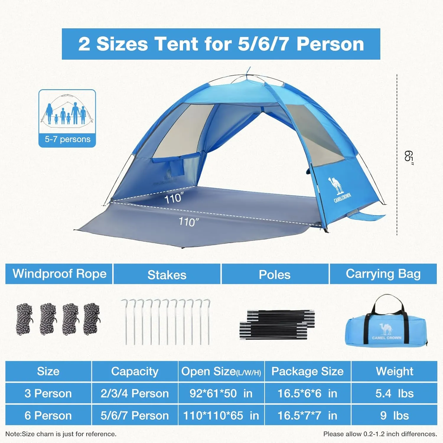 CAMEL CROWN Beach Tent UPF 50  Sun Shelter for 2/3/5/6 Person, Lightweight Portable Sun Shade with Sand Anchor, Family Beach Day & Outdoor Adventures