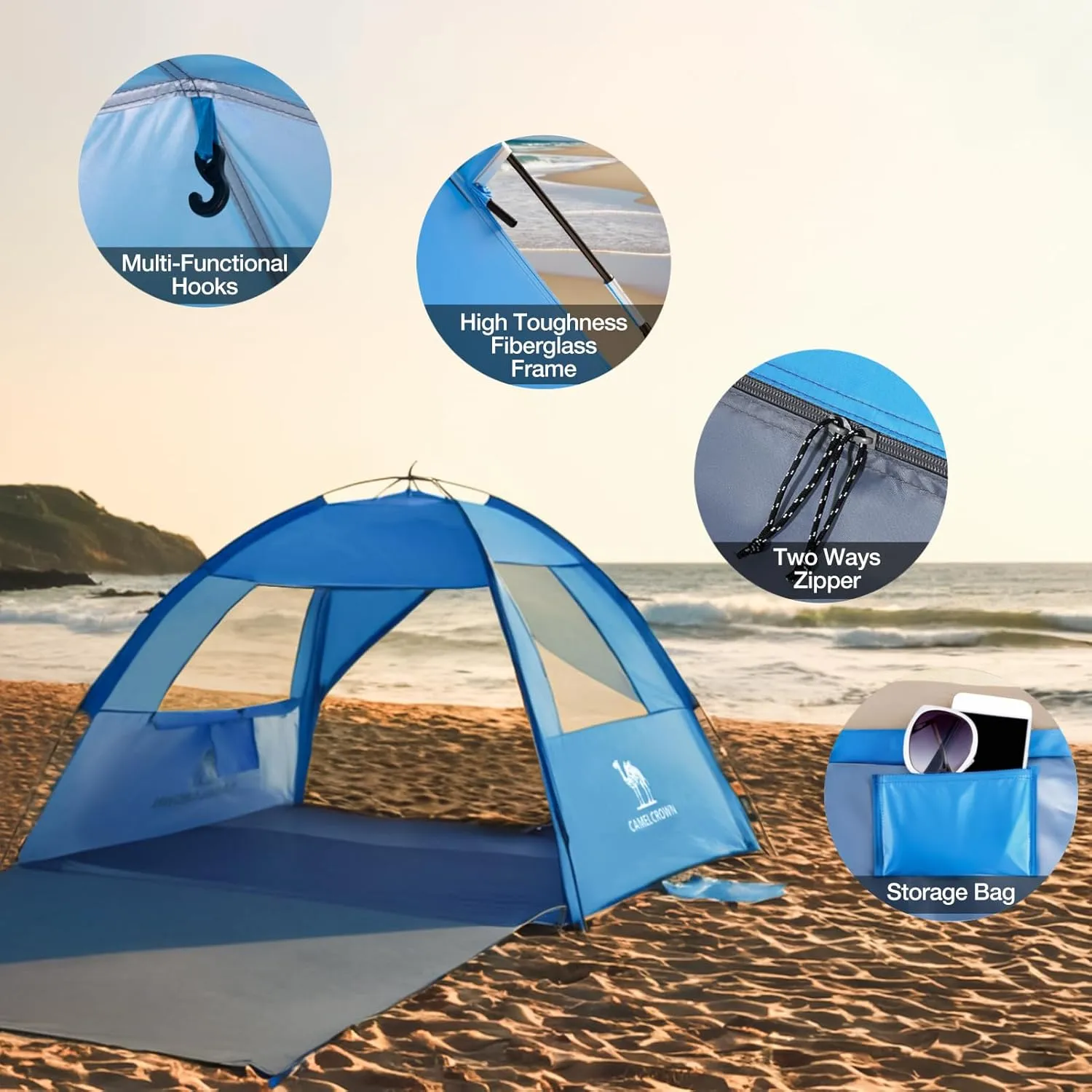 CAMEL CROWN Beach Tent UPF 50  Sun Shelter for 2/3/5/6 Person, Lightweight Portable Sun Shade with Sand Anchor, Family Beach Day & Outdoor Adventures