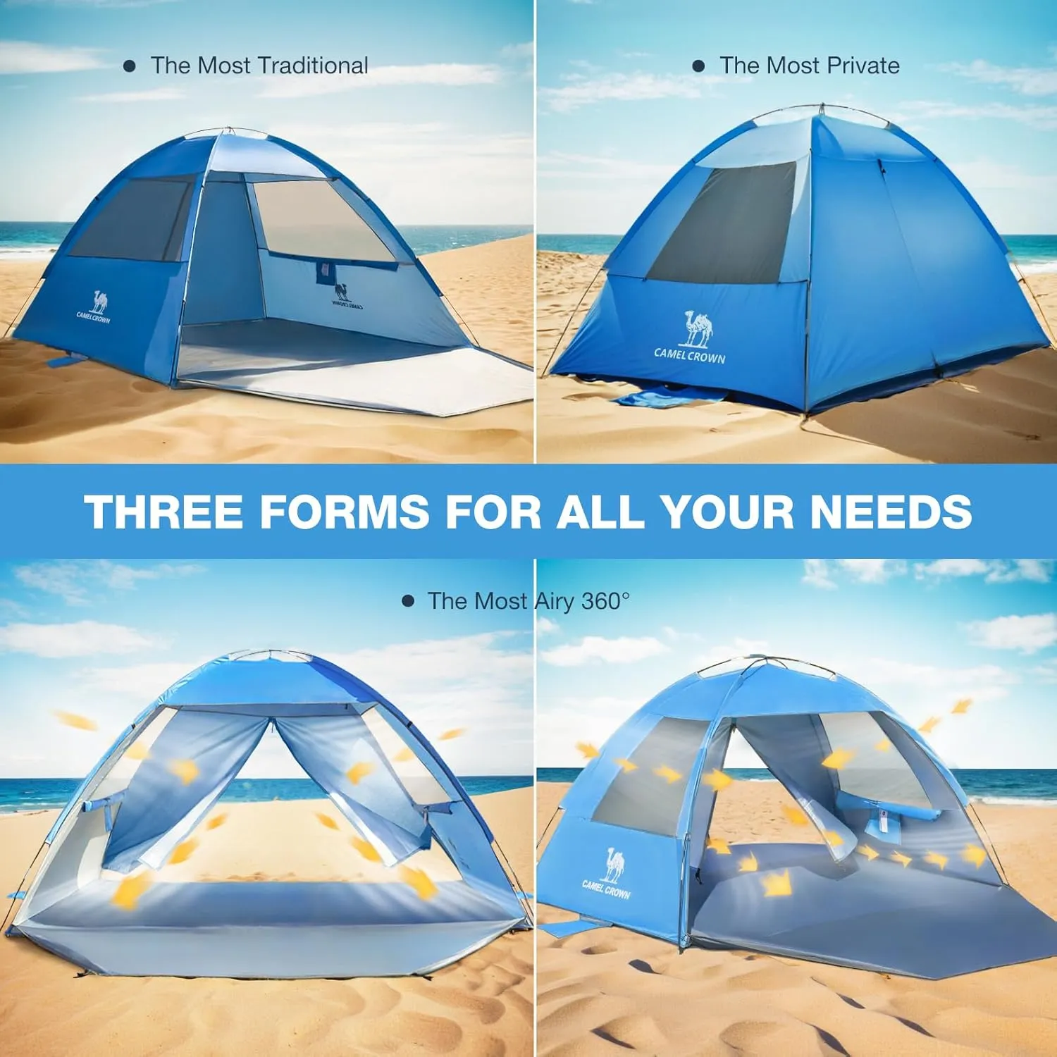 CAMEL CROWN Beach Tent UPF 50  Sun Shelter for 2/3/5/6 Person, Lightweight Portable Sun Shade with Sand Anchor, Family Beach Day & Outdoor Adventures