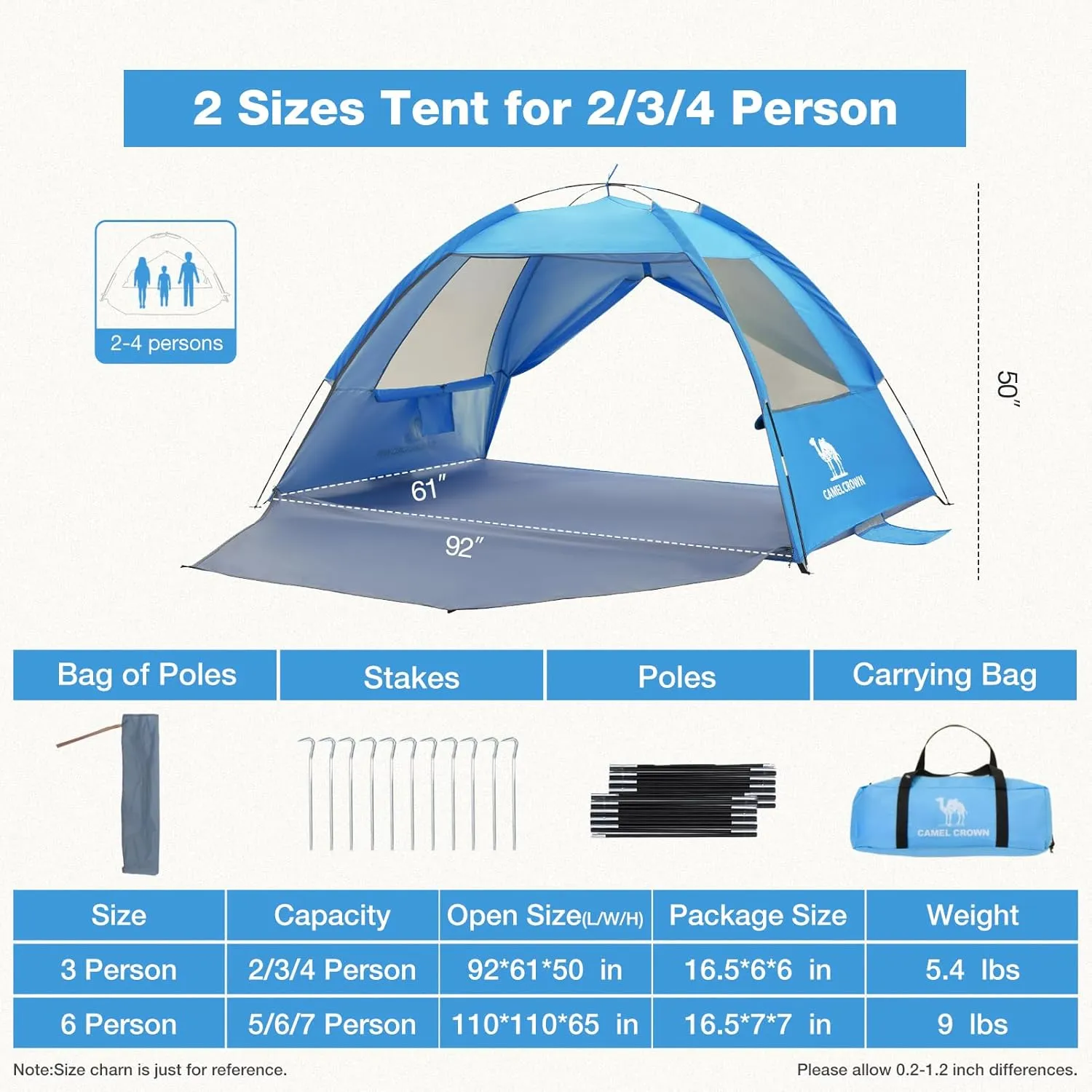 CAMEL CROWN Beach Tent UPF 50  Sun Shelter for 2/3/5/6 Person, Lightweight Portable Sun Shade with Sand Anchor, Family Beach Day & Outdoor Adventures