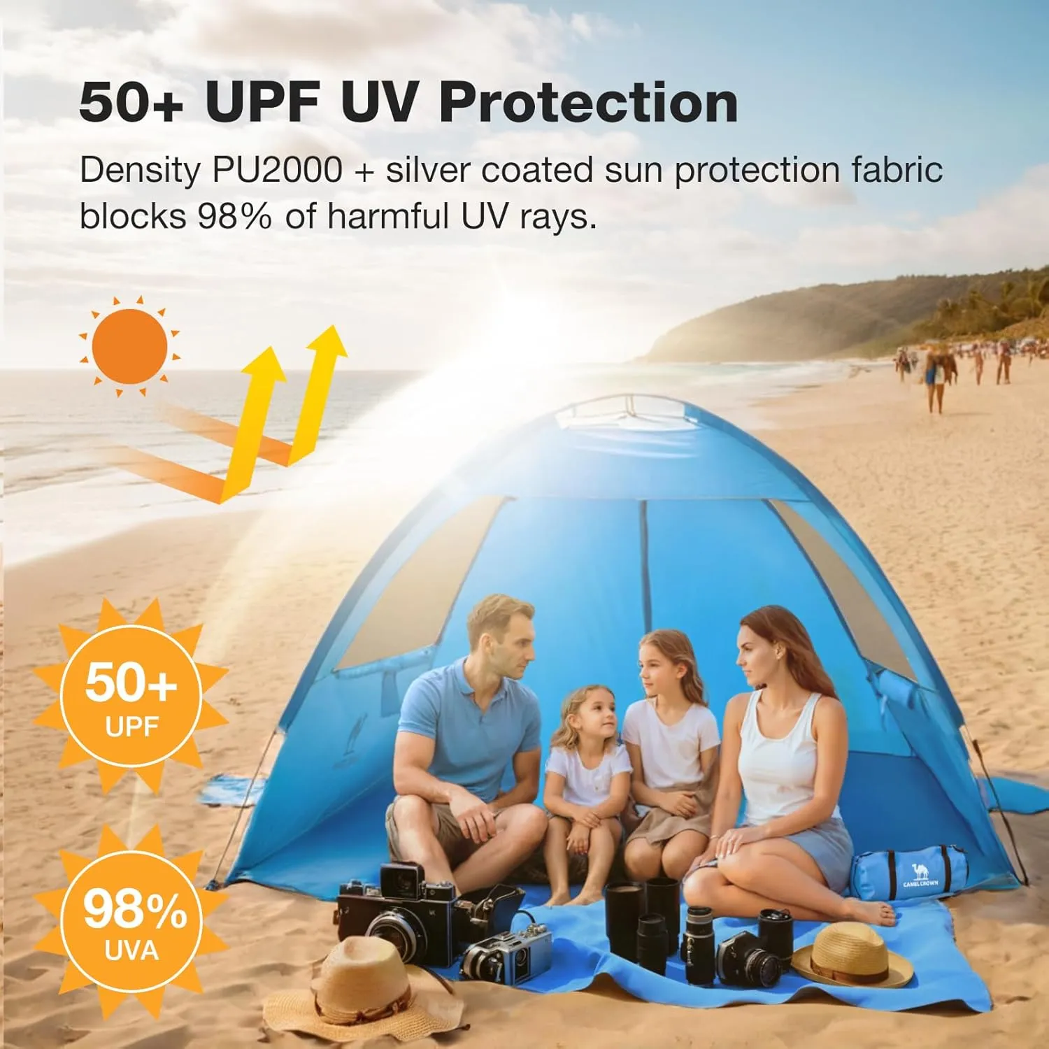 CAMEL CROWN Beach Tent UPF 50  Sun Shelter for 2/3/5/6 Person, Lightweight Portable Sun Shade with Sand Anchor, Family Beach Day & Outdoor Adventures