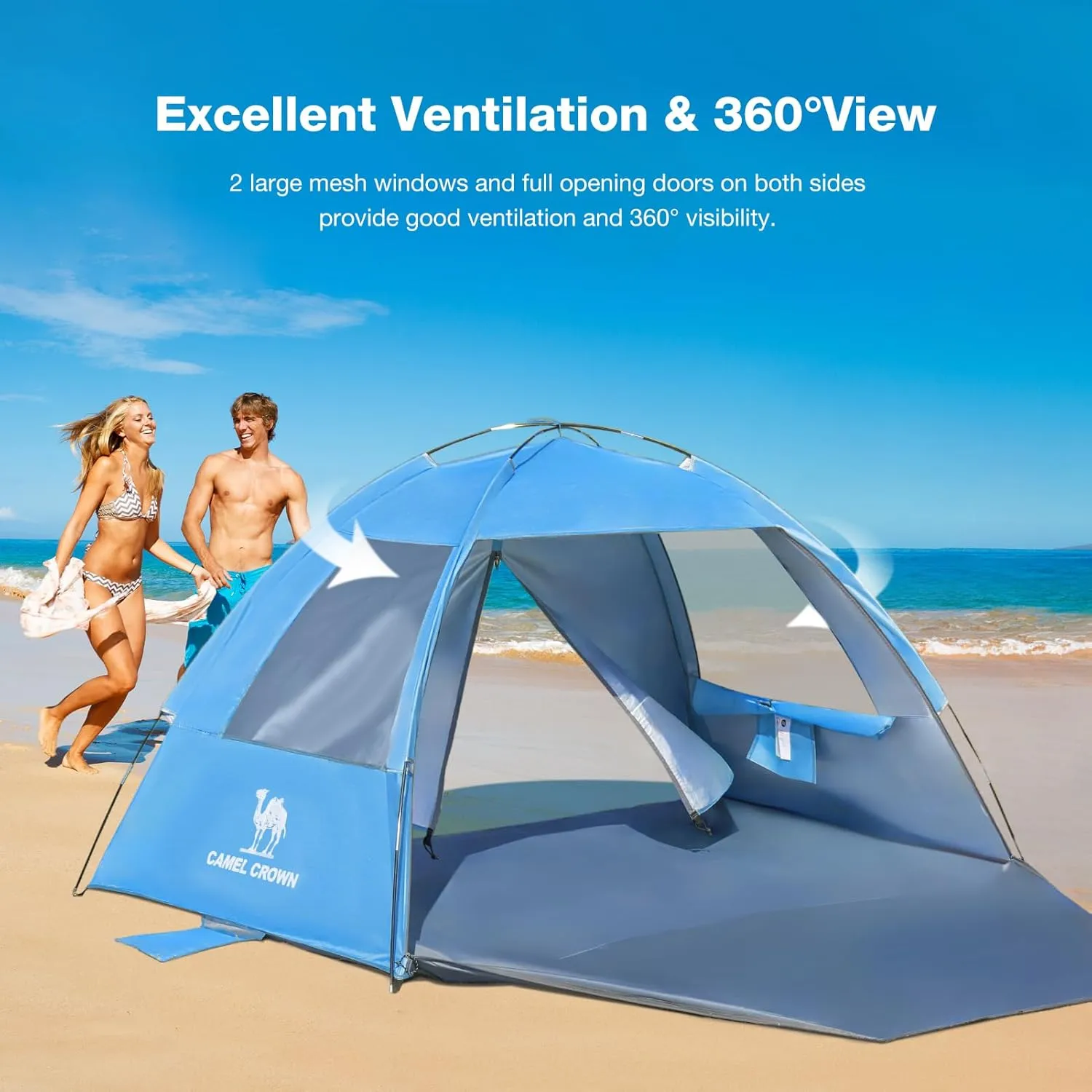 CAMEL CROWN Beach Tent UPF 50  Sun Shelter for 2/3/5/6 Person, Lightweight Portable Sun Shade with Sand Anchor, Family Beach Day & Outdoor Adventures