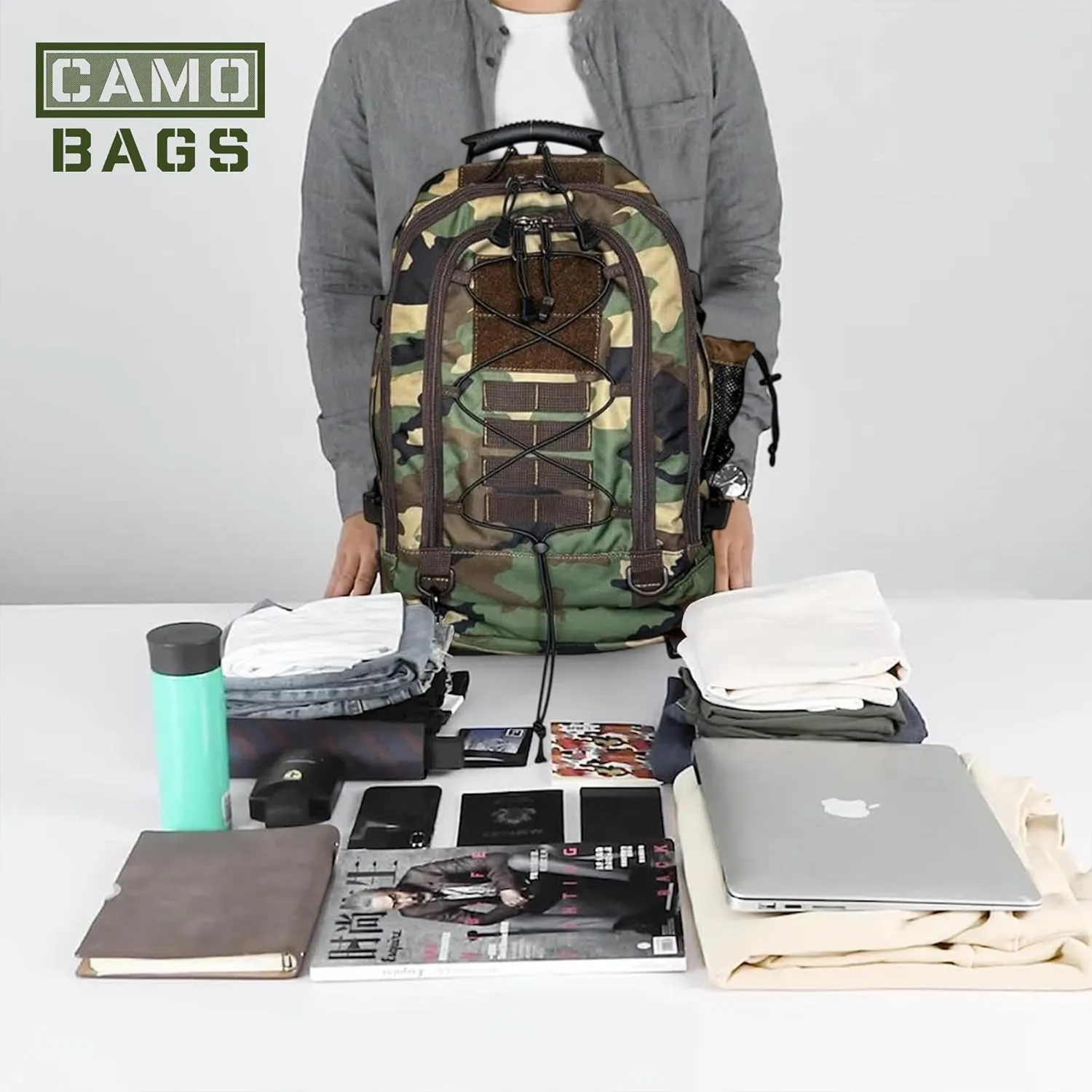 Camo Expandable Travel Backpack - 1000 Denier Cordura Polyester, Large Capacity Zipper Backpack with Multi Compartments - Lightweight & Comfortable Padded Straps - Ideal for Hiking, Camping & Outdoor