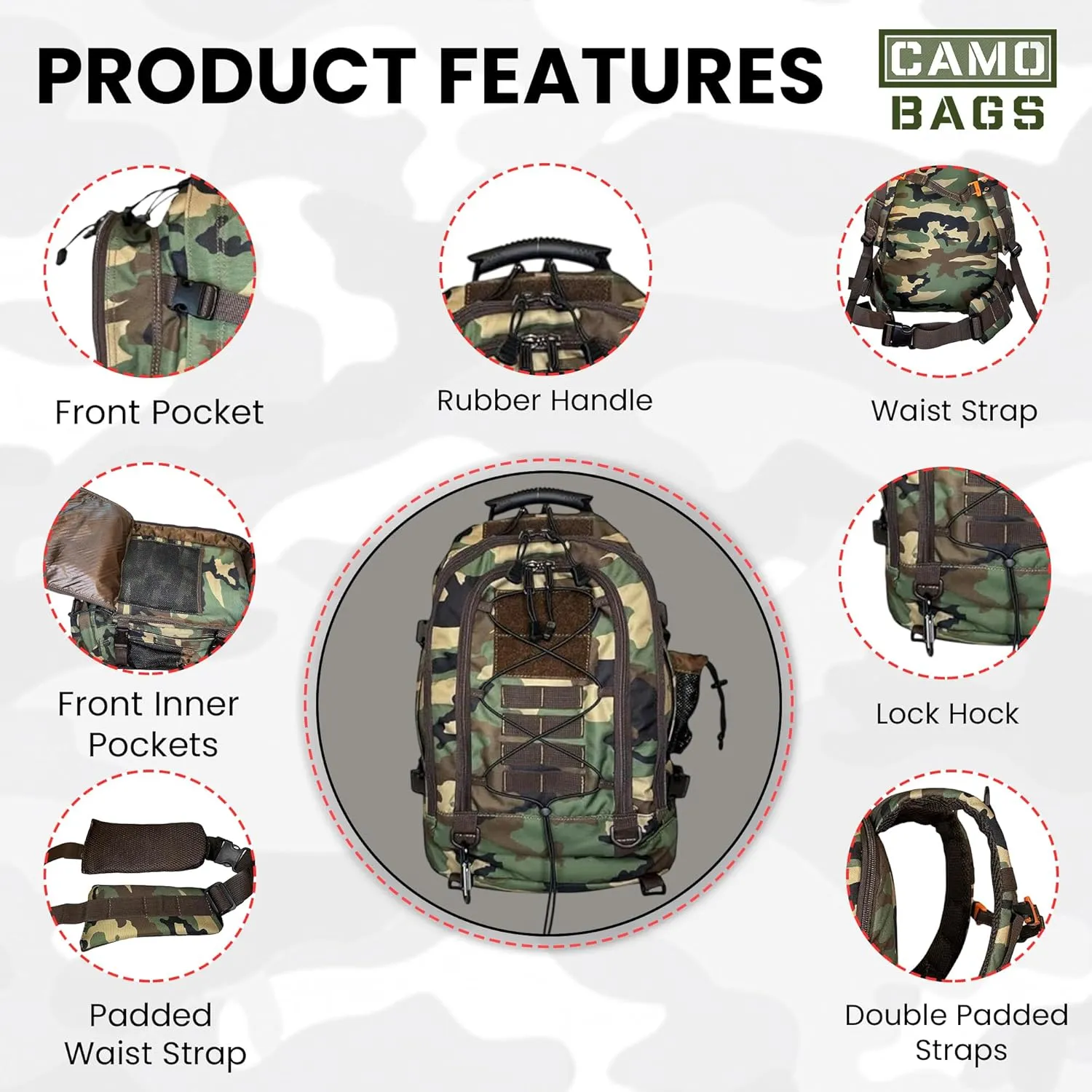 Camo Expandable Travel Backpack - 1000 Denier Cordura Polyester, Large Capacity Zipper Backpack with Multi Compartments - Lightweight & Comfortable Padded Straps - Ideal for Hiking, Camping & Outdoor