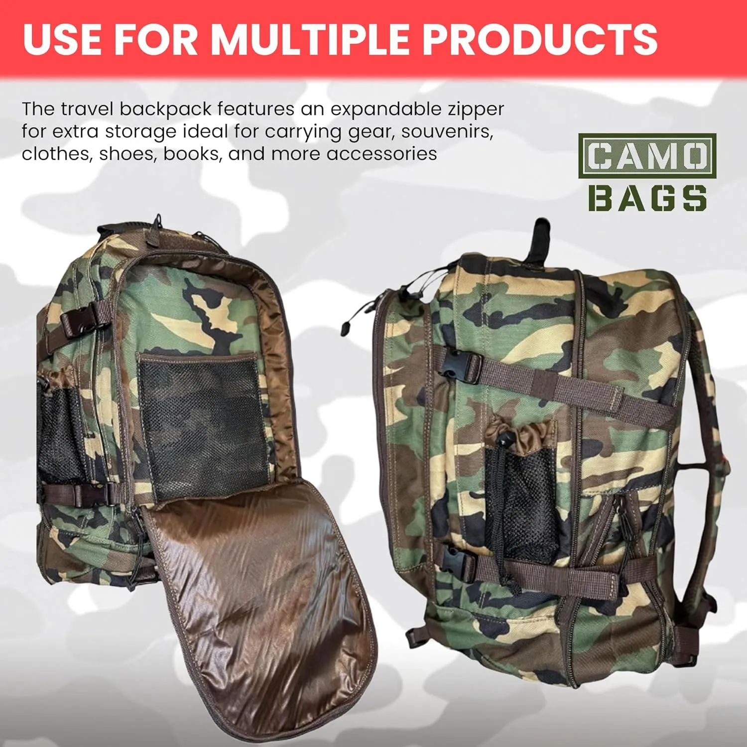 Camo Expandable Travel Backpack - 1000 Denier Cordura Polyester, Large Capacity Zipper Backpack with Multi Compartments - Lightweight & Comfortable Padded Straps - Ideal for Hiking, Camping & Outdoor