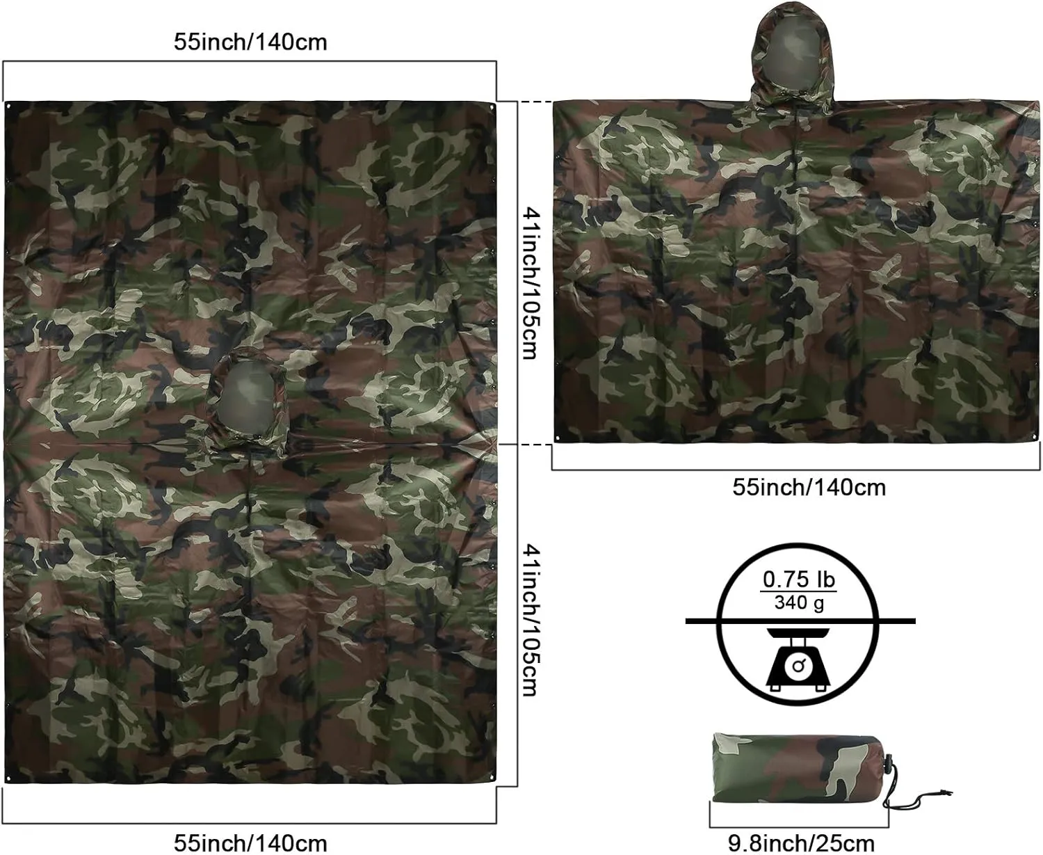 Camo Rain Poncho, Multi Use Waterproof Rain Coat