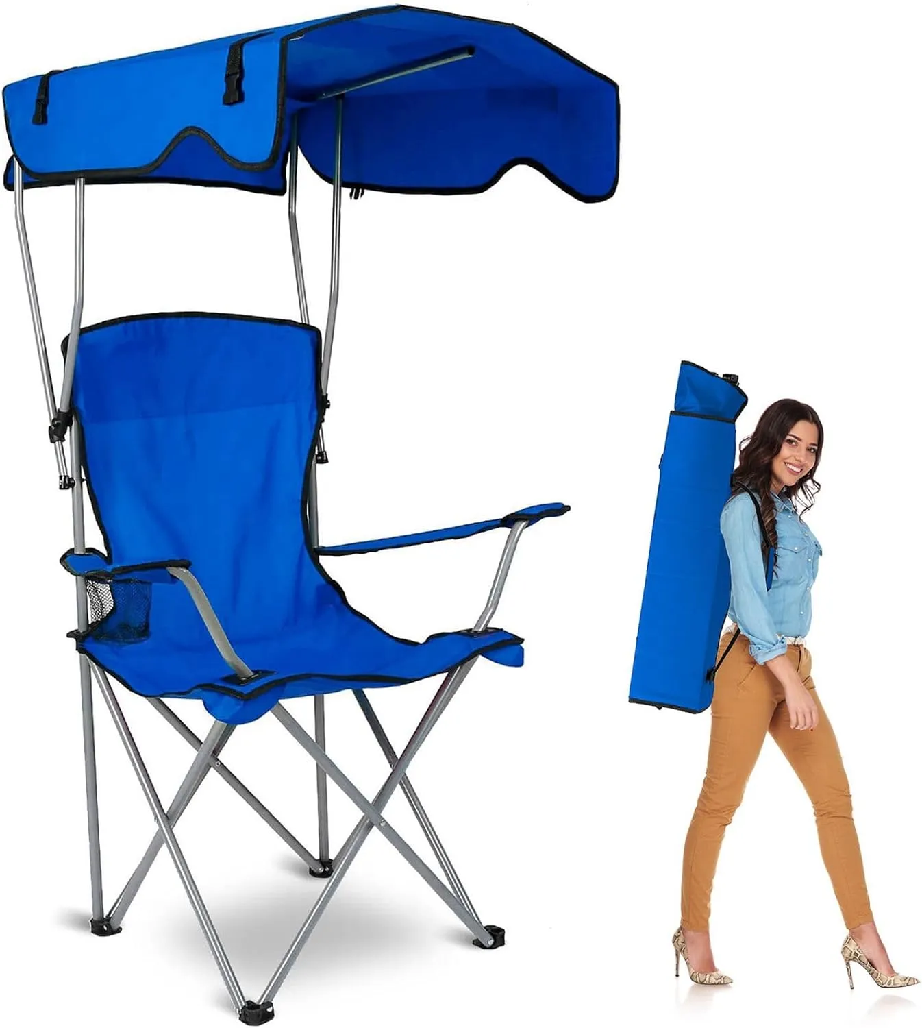 Camp Chair with Shade Canopy, Heavy Duty Max Shade Folding Camping Lawn Chair with Cup Holder, UPF 50  Sun Protection Portable Beach Lounge Chair for Outdoor Sports Support 330LBS(Blue)