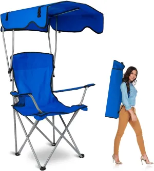 Camp Chair with Shade Canopy, Heavy Duty Max Shade Folding Camping Lawn Chair with Cup Holder, UPF 50  Sun Protection Portable Beach Lounge Chair for Outdoor Sports Support 330LBS(Blue)