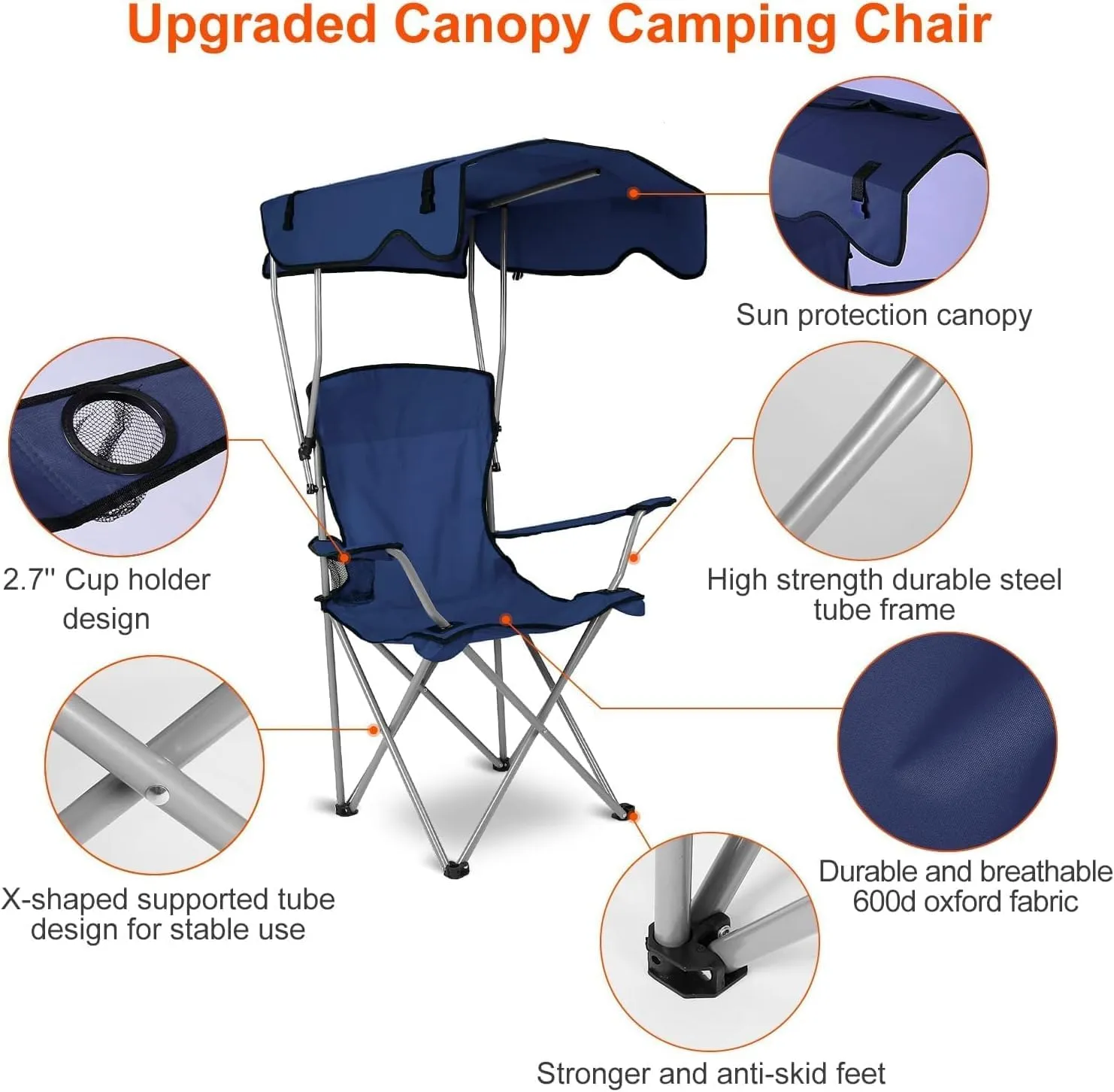 Camping Chair, Folding Beach Chair with Canopy Shade, Portable Outdoor Chair with Arms, 600D Oxford Fabric, Cup Holder, Carry Bag and Umbrella, for Beach, Camping, Fishing and Sports