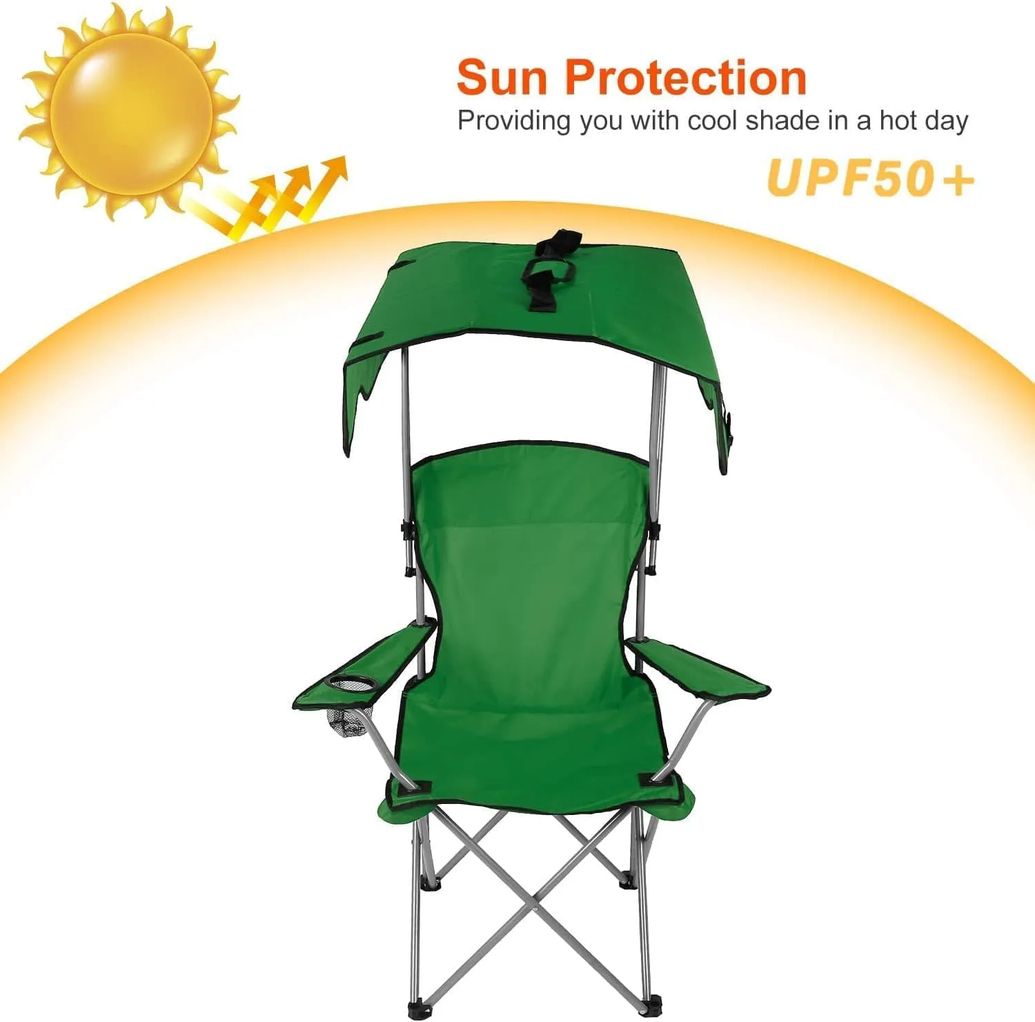 Camping Chair, Folding Beach Chair with Canopy Shade, Portable Outdoor Chair with Arms, 600D Oxford Fabric, Cup Holder, Carry Bag and Umbrella, for Beach, Camping, Fishing and Sports