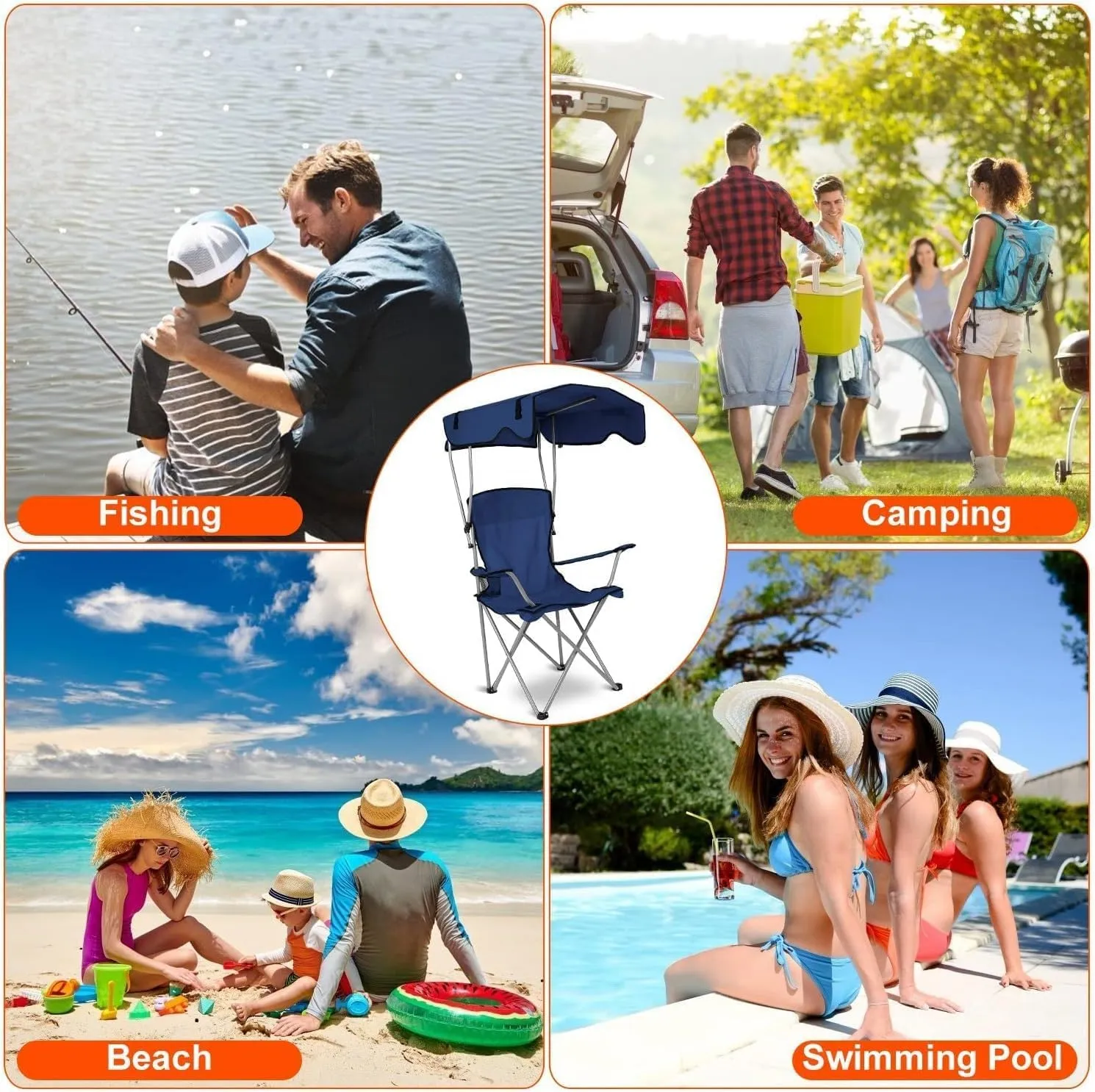 Camping Chair, Folding Beach Chair with Canopy Shade, Portable Outdoor Chair with Arms, 600D Oxford Fabric, Cup Holder, Carry Bag and Umbrella, for Beach, Camping, Fishing and Sports