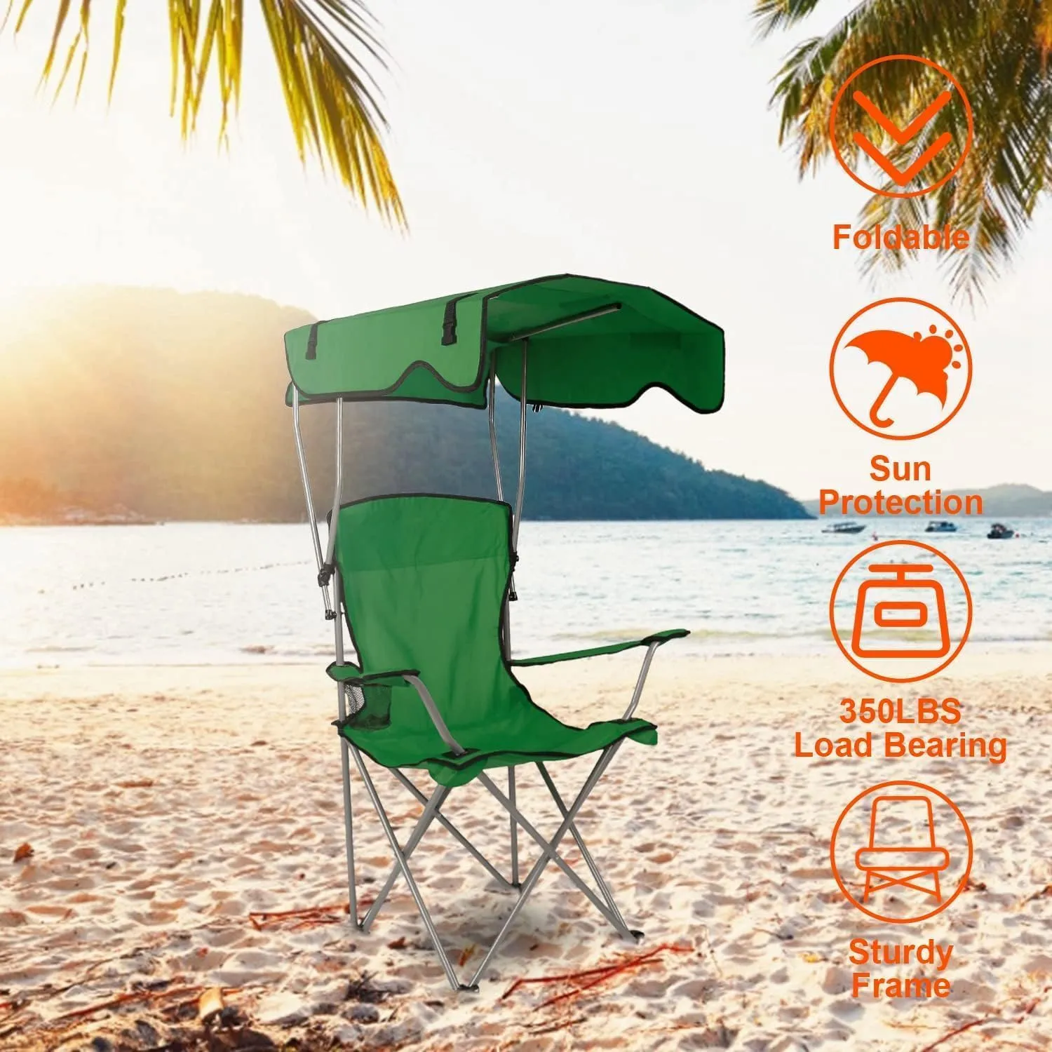 Camping Chair, Folding Beach Chair with Canopy Shade, Portable Outdoor Chair with Arms, 600D Oxford Fabric, Cup Holder, Carry Bag and Umbrella, for Beach, Camping, Fishing and Sports