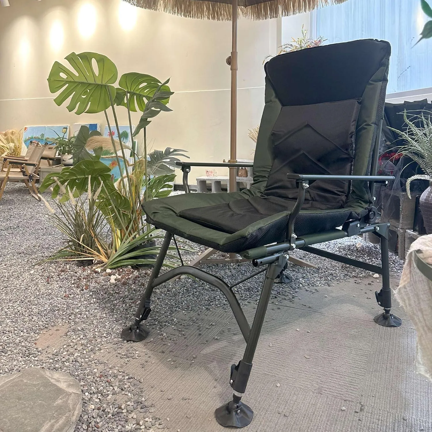 Camping Chair Outdoor Furniture Heavy Duty Portable Folding Fishing Chairs with Padded Lawn Beach Golf Ecto Cooling Sport,Black Green