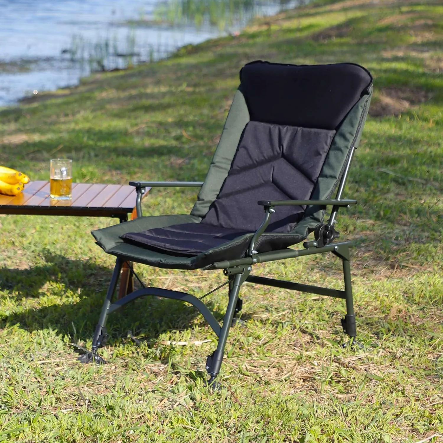 Camping Chair Outdoor Furniture Heavy Duty Portable Folding Fishing Chairs with Padded Lawn Beach Golf Ecto Cooling Sport,Black Green
