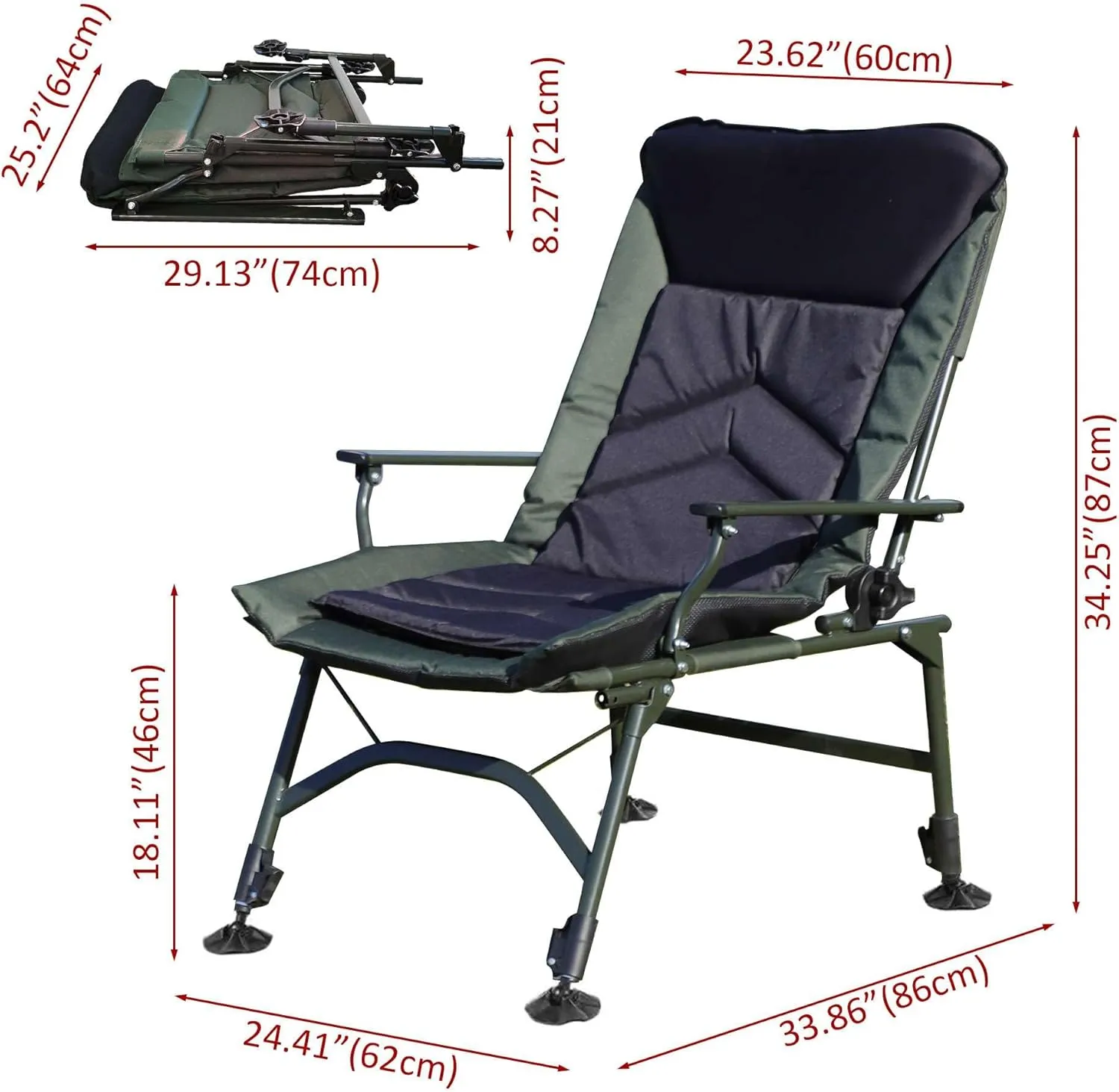 Camping Chair Outdoor Furniture Heavy Duty Portable Folding Fishing Chairs with Padded Lawn Beach Golf Ecto Cooling Sport,Black Green