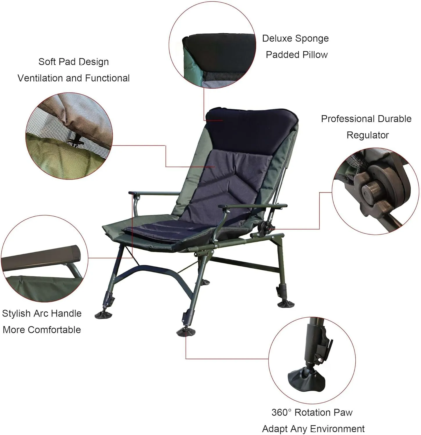 Camping Chair Outdoor Furniture Heavy Duty Portable Folding Fishing Chairs with Padded Lawn Beach Golf Ecto Cooling Sport,Black Green