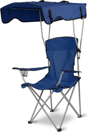 Camping Chair with Canopy, Outdoor Folding Lounge Chair with Adjustable UPF 50  Sun Shade & Cup Holder, Portable Camping Recliner for Camp Beach Outdoor Sports, 350LB Max Support