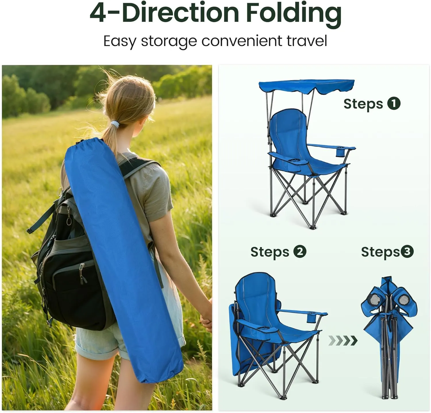 Camping Chairs with Shade, Foldable Canopy Chair, Folding Camping Shade Chair for Outdoor, Camping, Patio, Support 350 LBS, Blue