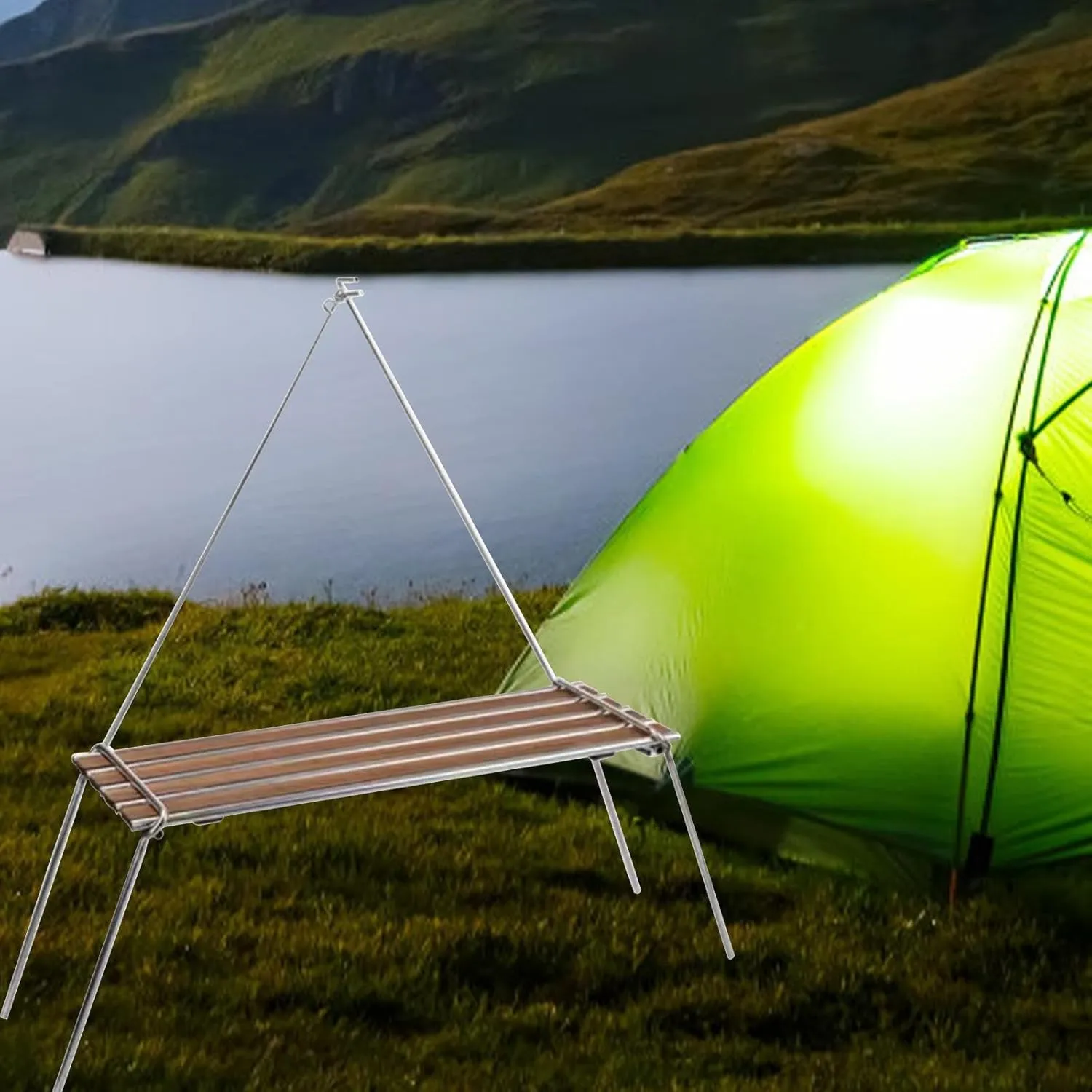 Camping Folding Table Portable Table Camping Furniture with Light Pole Wood Table for Outdoor Garden Travel Cooking Picnic