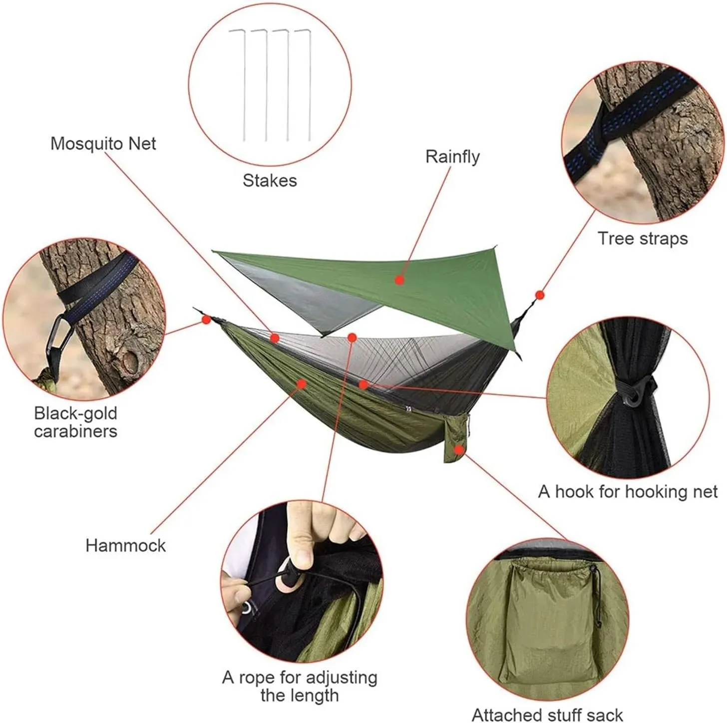 Camping Hammock Camping Hammock with Rain Fly Tarp and Mosquito Net Tent Tree Straps Portable Single Double Nylon Parachute Hammock for Travel