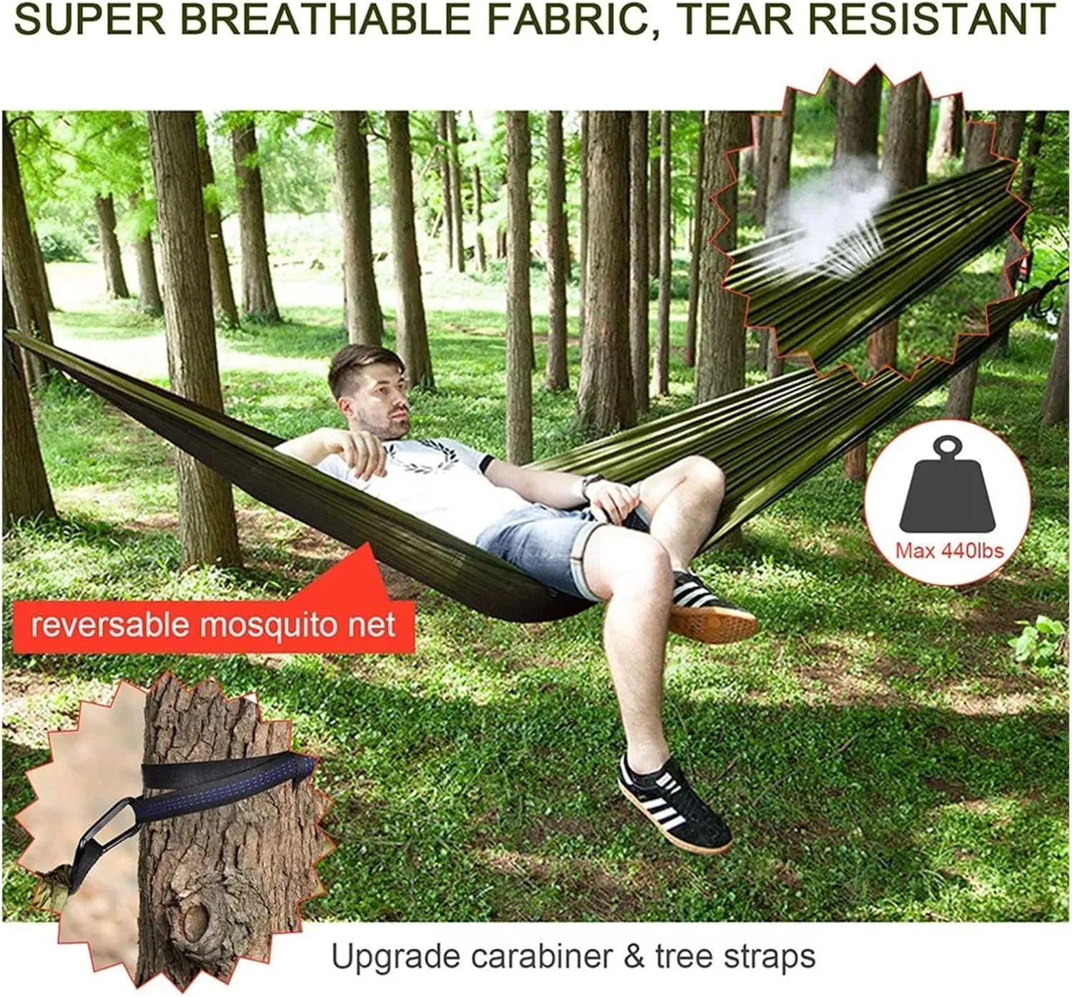 Camping Hammock Camping Hammock with Rain Fly Tarp and Mosquito Net Tent Tree Straps Portable Single Double Nylon Parachute Hammock for Travel