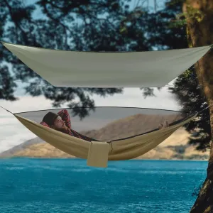 Camping Hammock - Hammocks with Net Tent and Rain Fly Tarp, Portable Single & Double Nylon Parachute Hammock with Heavy Duty Tree Strap, Outdoor Backpacking Survival Travel, Army Green