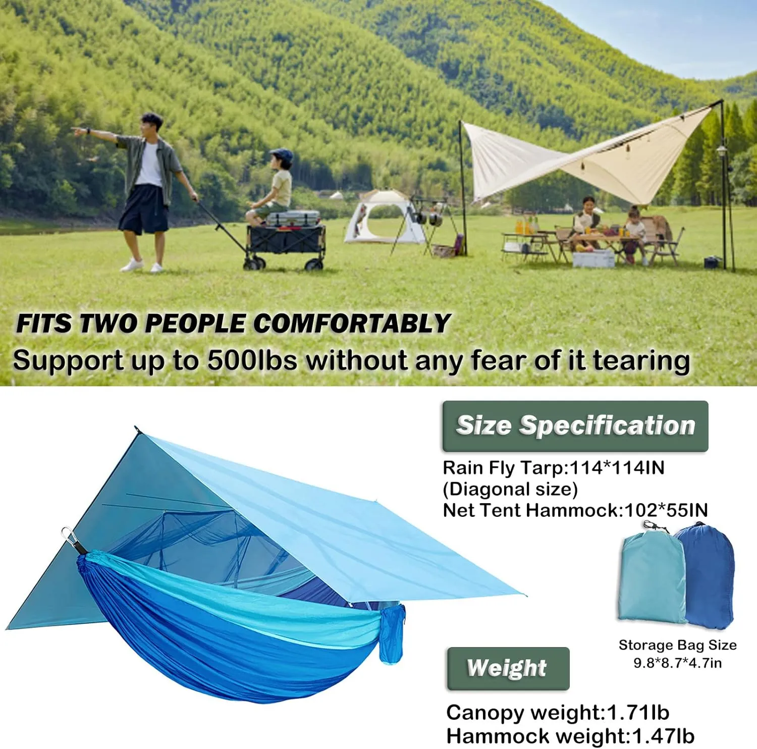 Camping Hammock with Net,Tree Straps and Removable Rain Fly Tarp,Lightweight Double Hammock,Portable Hammock Rainfly Set for Outdoor Hiking Backpacking,Travel (Army Green)
