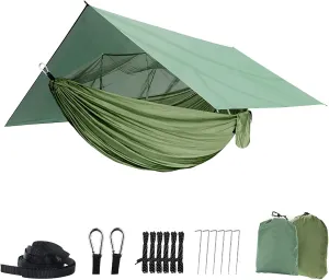 Camping Hammock with Net,Tree Straps and Removable Rain Fly Tarp,Lightweight Double Hammock,Portable Hammock Rainfly Set for Outdoor Hiking Backpacking,Travel (Army Green)
