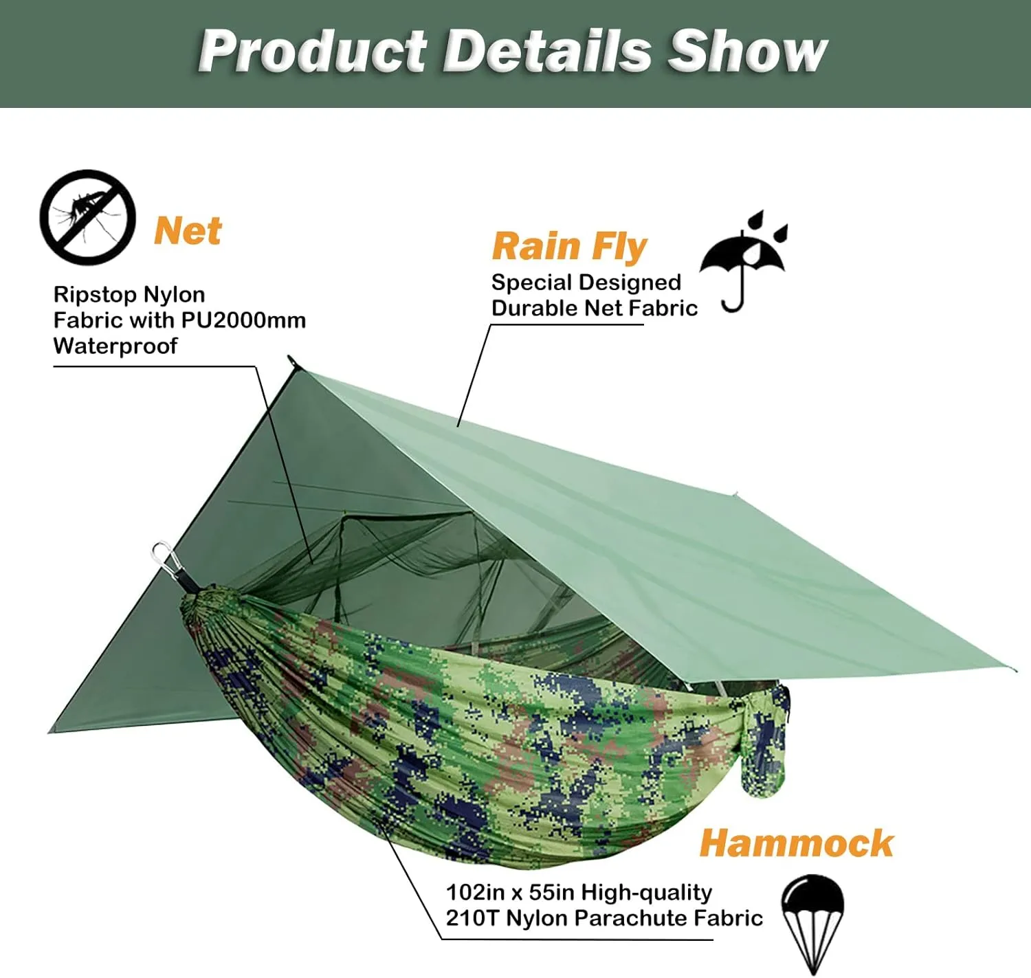 Camping Hammock with Net,Tree Straps and Removable Rain Fly Tarp,Lightweight Double Hammock,Portable Hammock Rainfly Set for Outdoor Hiking Backpacking,Travel (Army Green)