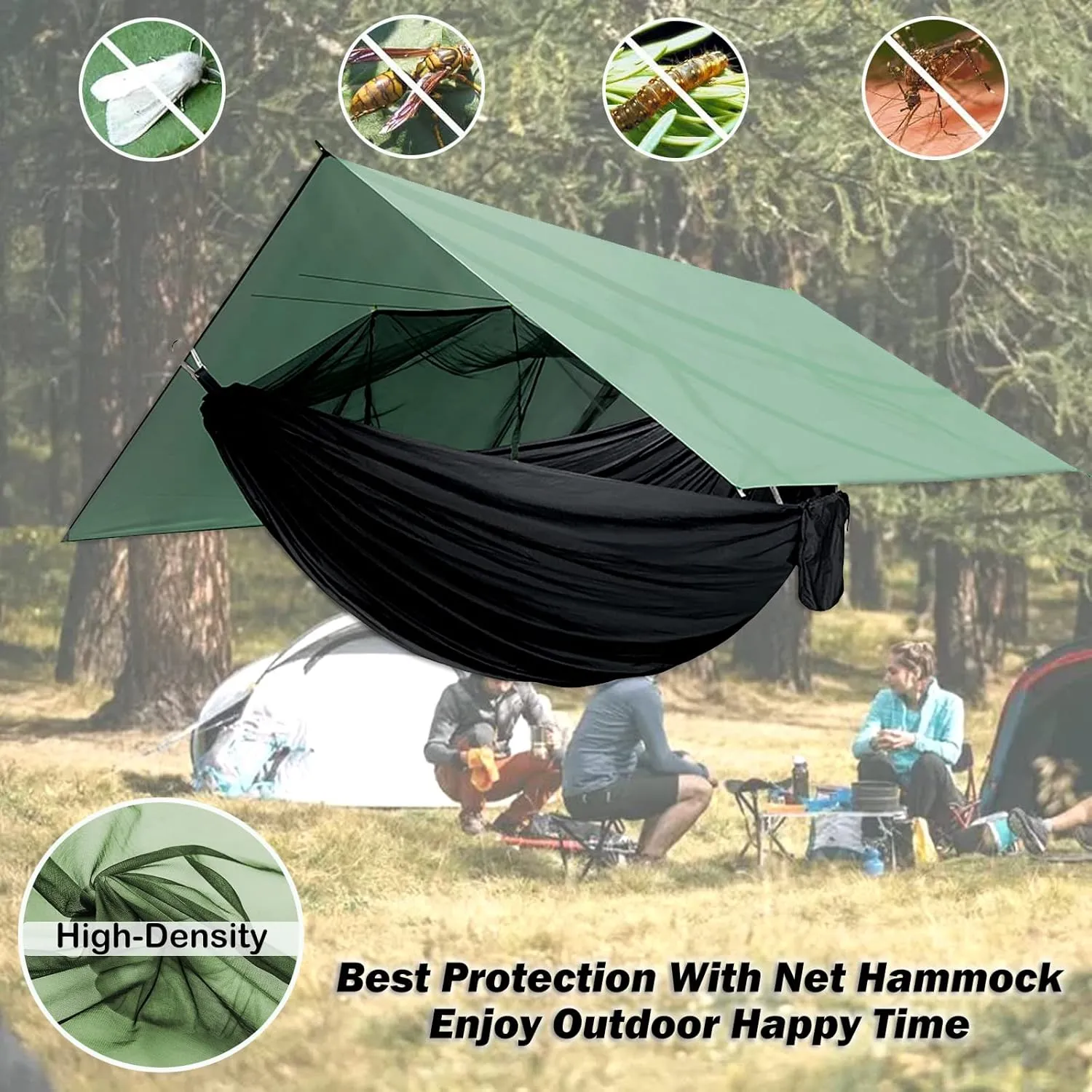 Camping Hammock with Net,Tree Straps and Removable Rain Fly Tarp,Lightweight Double Hammock,Portable Hammock Rainfly Set for Outdoor Hiking Backpacking,Travel (Army Green)