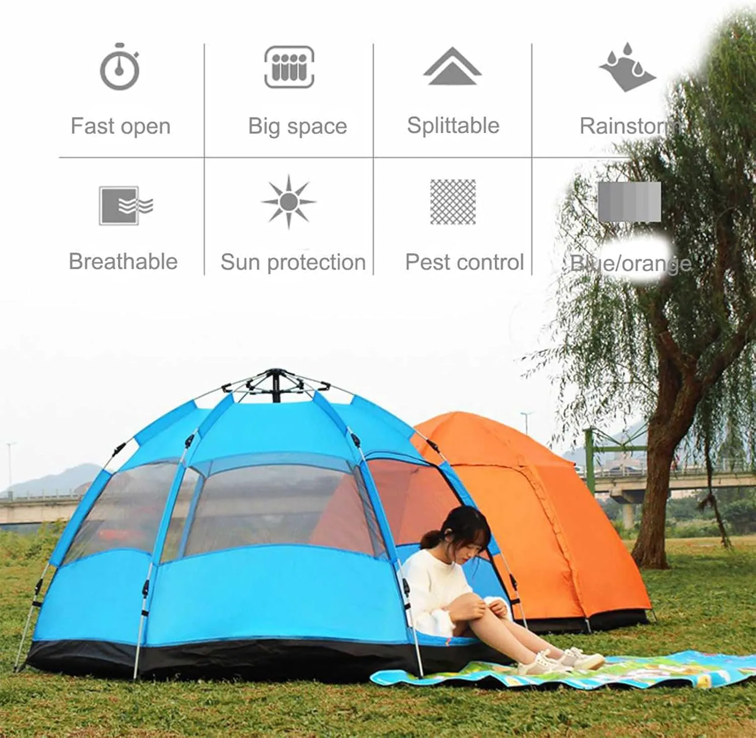 Camping Hexagonal Tent 3-4 People Waterproof Windproof Family Tents for Outdoor Beach Travel Removable Rainfly Portable Carry Bag