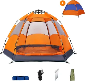Camping Hexagonal Tent 3-4 People Waterproof Windproof Family Tents for Outdoor Beach Travel Removable Rainfly Portable Carry Bag