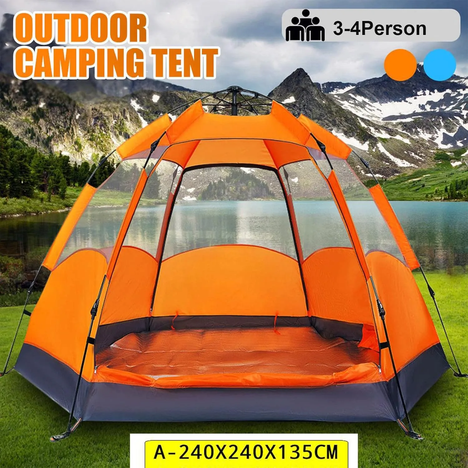 Camping Hexagonal Tent 3-4 People Waterproof Windproof Family Tents for Outdoor Beach Travel Removable Rainfly Portable Carry Bag