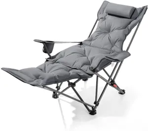Camping Lounge Chair Folding Reclining Chair,Portable Camp Padded Beach Chairs for Adults with Footrest,330lbs Weight Capacity(Khaki) (Gray)
