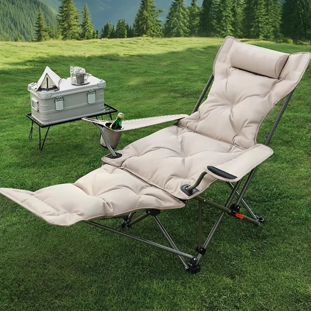 Camping Lounge Chair Folding Reclining Chair,Portable Camp Padded Beach Chairs for Adults with Footrest,330lbs Weight Capacity(Khaki) (Gray)