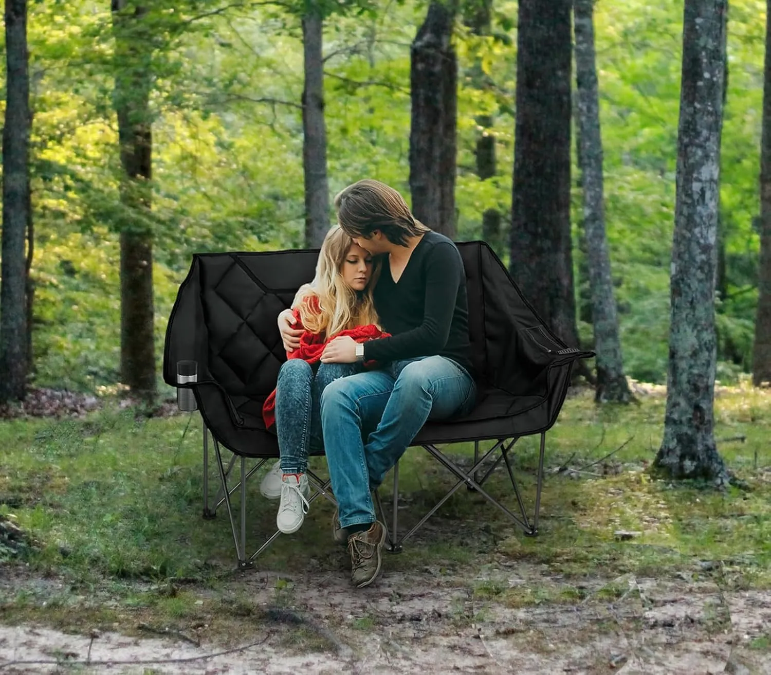 Camping Oversized Folding Chair, Fully Padded Loveseat for 2 Person Portable Double Chair Camp Beach Arm Chair with Cup Holder and Cooler Pouch Camping Couch with Carry Bag（Black-Grey）