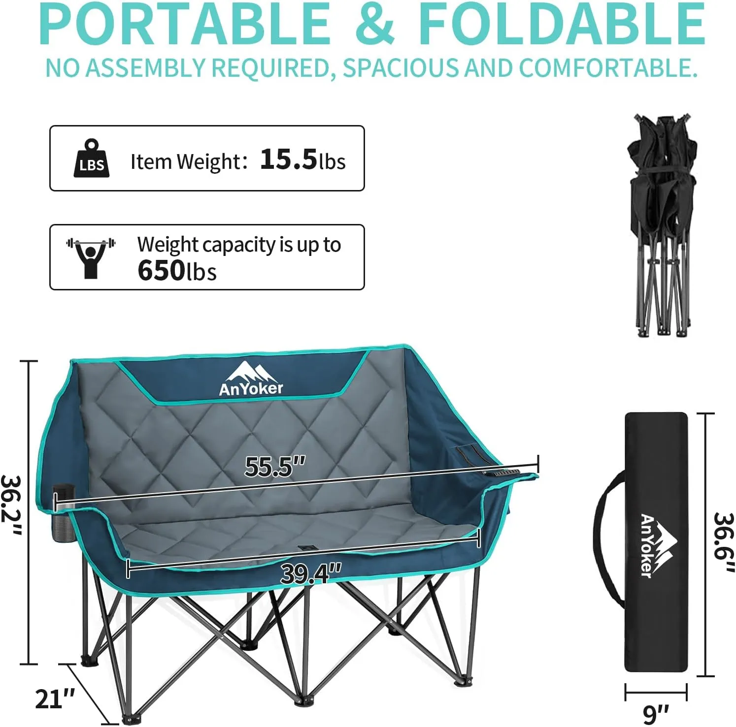 Camping Oversized Folding Chair, Fully Padded Loveseat for 2 Person Portable Double Chair Camp Beach Arm Chair with Cup Holder and Cooler Pouch Camping Couch with Carry Bag（Black-Grey）