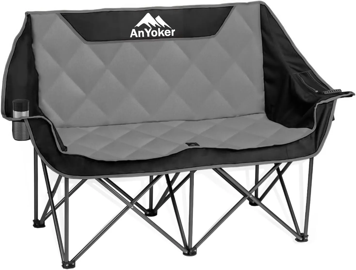 Camping Oversized Folding Chair, Fully Padded Loveseat for 2 Person Portable Double Chair Camp Beach Arm Chair with Cup Holder and Cooler Pouch Camping Couch with Carry Bag（Black-Grey）